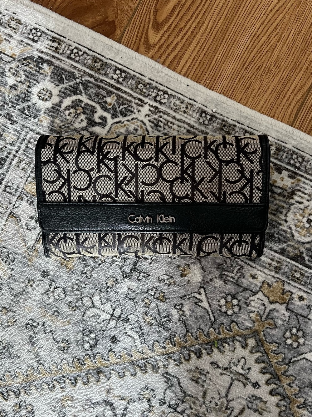 Calvin Klein Black & Beige CK Monogram Fold-Over Wallet